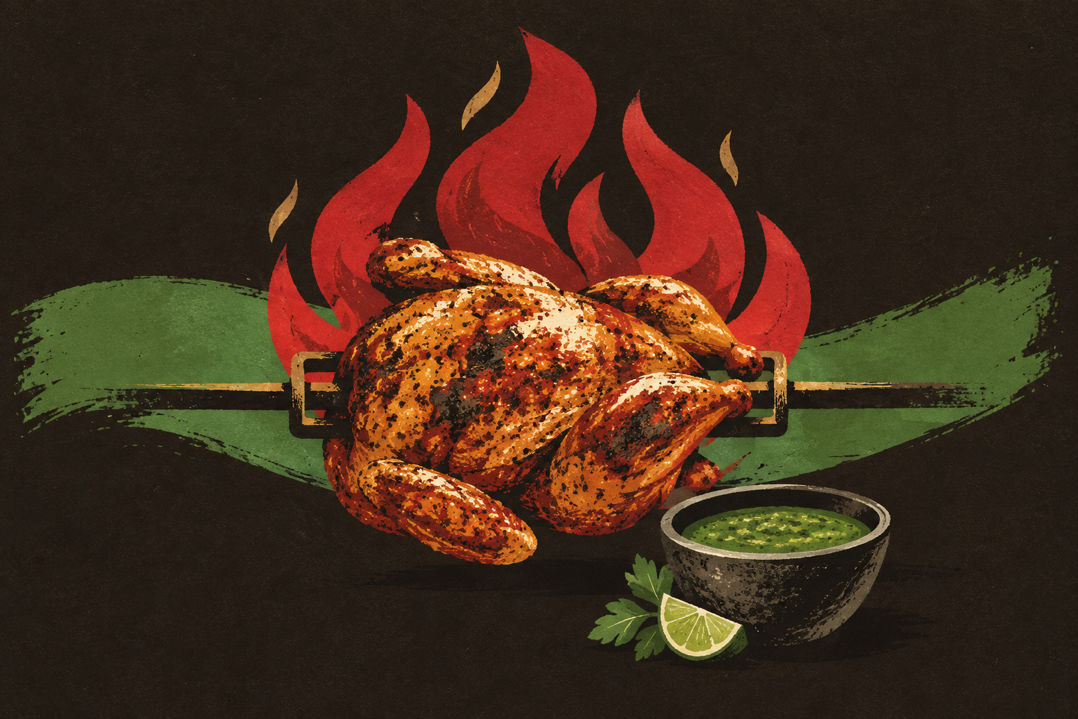 Illustrative screen-print of a rotisserie chicken, red flame and green sauce